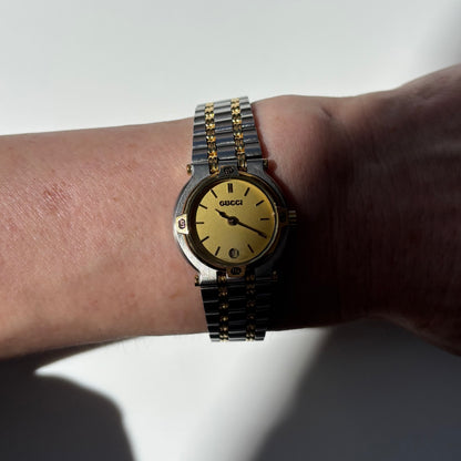 Gucci 1990s Date Round Dial Two Tone Gold Plated Watch