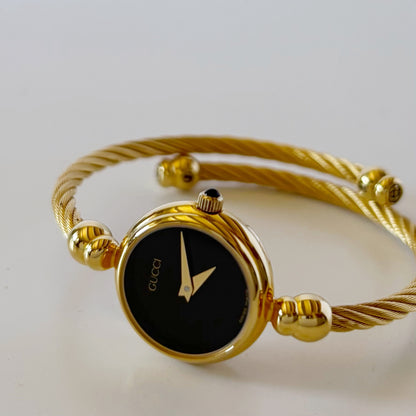 Gucci 1990s Black Dial Gold Plated Cable Bangle Watch