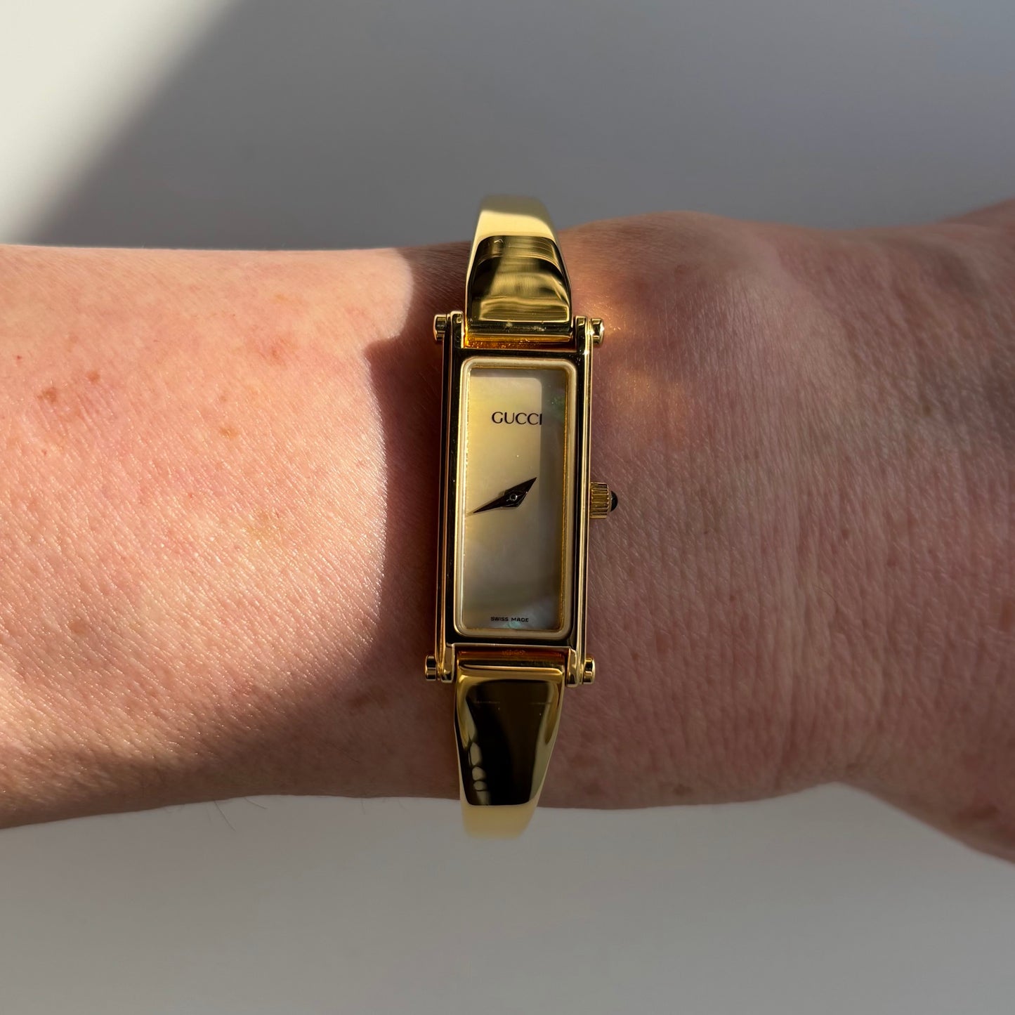 Gucci 1990s Seashell Dial Rectangular Gold Plated Bangle Watch