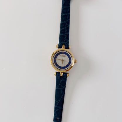 Gucci 1990s Blue Round Dial Gold Plated Watch
