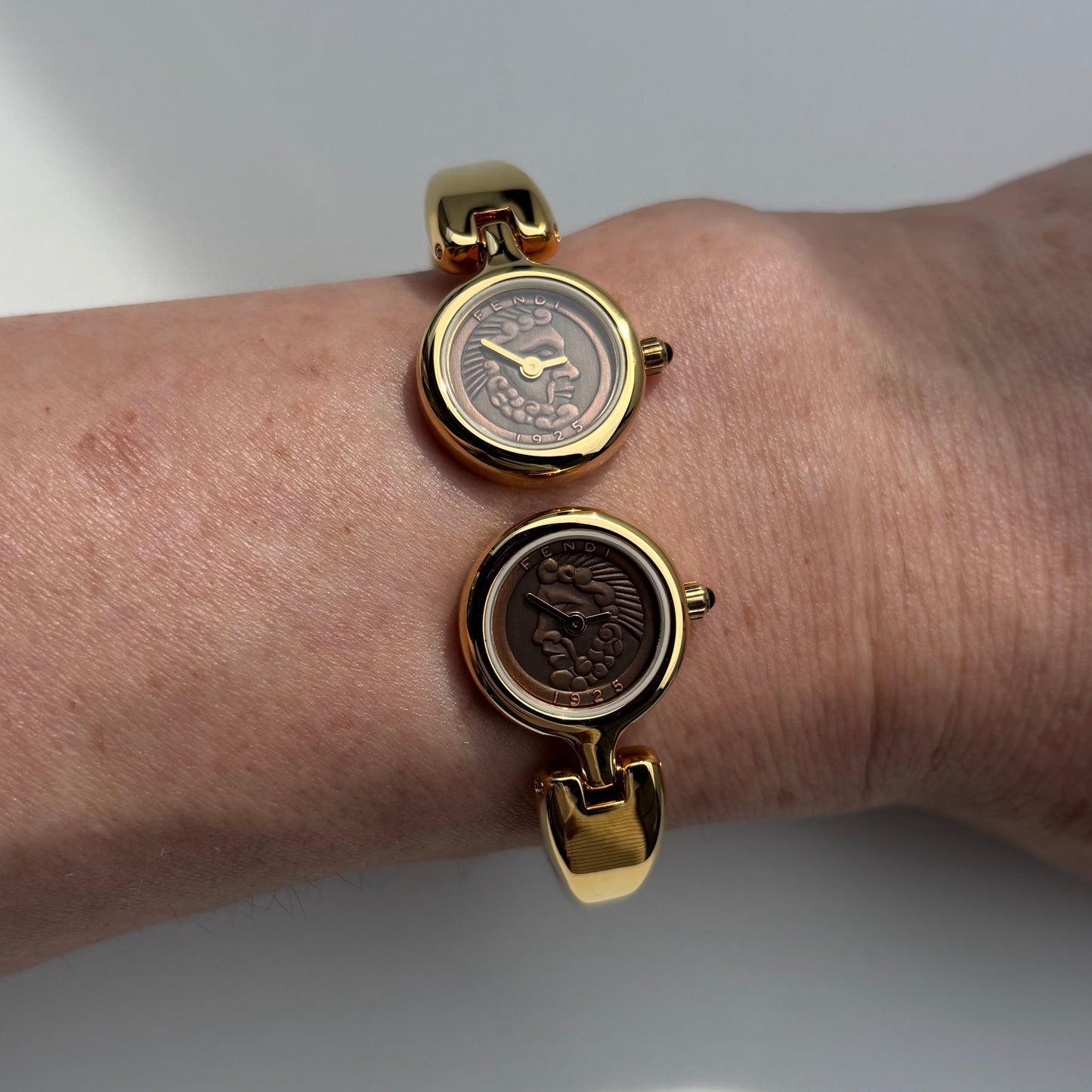 Fendi 1990s Seashell Dial Two Time Zone Gold Plated Bangle Watch