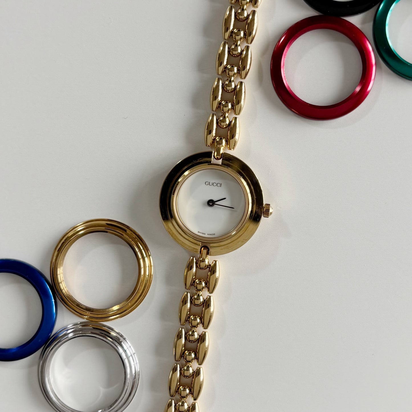 Gucci 1990s Interchangeable Bezel Gold Plated Watch with 6 bezels, case (165mm)