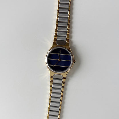 Yves Saint Laurent 1990s Navy Round Dial Two Tone Gold Plated Watch