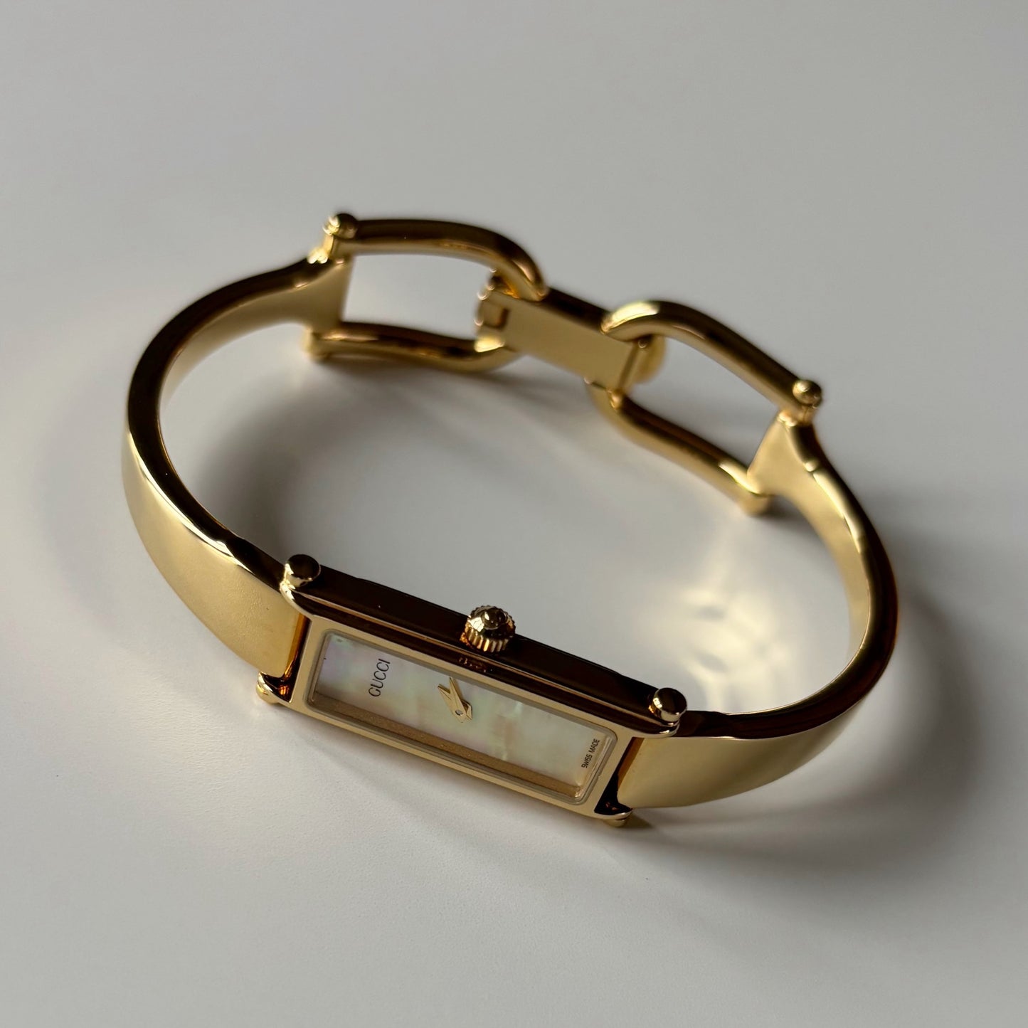 Gucci 1990s Seashell Dial Gold Plated Bangle Watch
