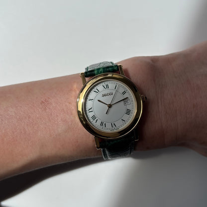 Gucci 1990s Date Round Green Dial Gold-Plated Watch (Large)