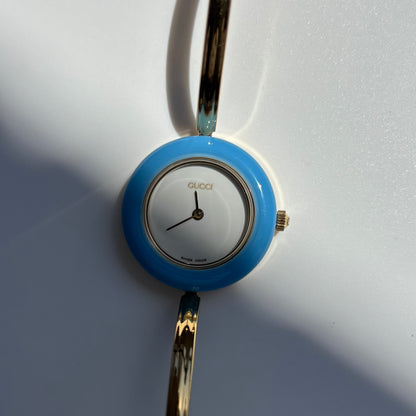 Gucci 1990s Interchangeable Bezel Gold Plated Bangle Watch with 12 bezels, case (Small)