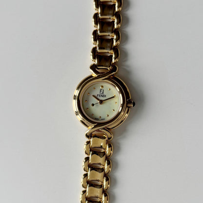 Fendi 1990s Seashell Round Dial Gold Plated Watch