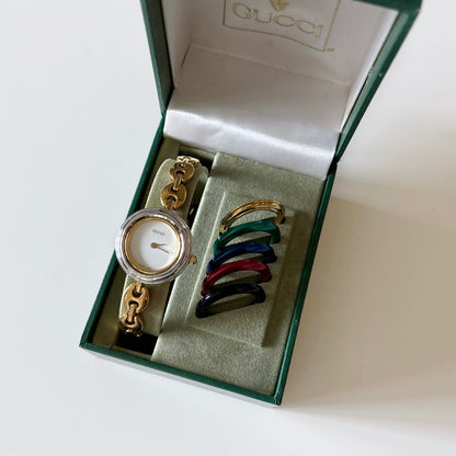 Gucci 1990s Interchangeable Bezel Gold Plated Watch with 6 bezels, case