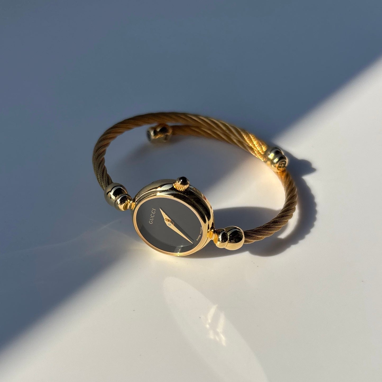 Gucci 1990s Black Dial Gold Plated Cable Band Bangle Watch