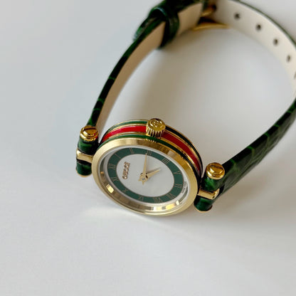 Gucci 1990s Green Round Dial Gold Plated Watch