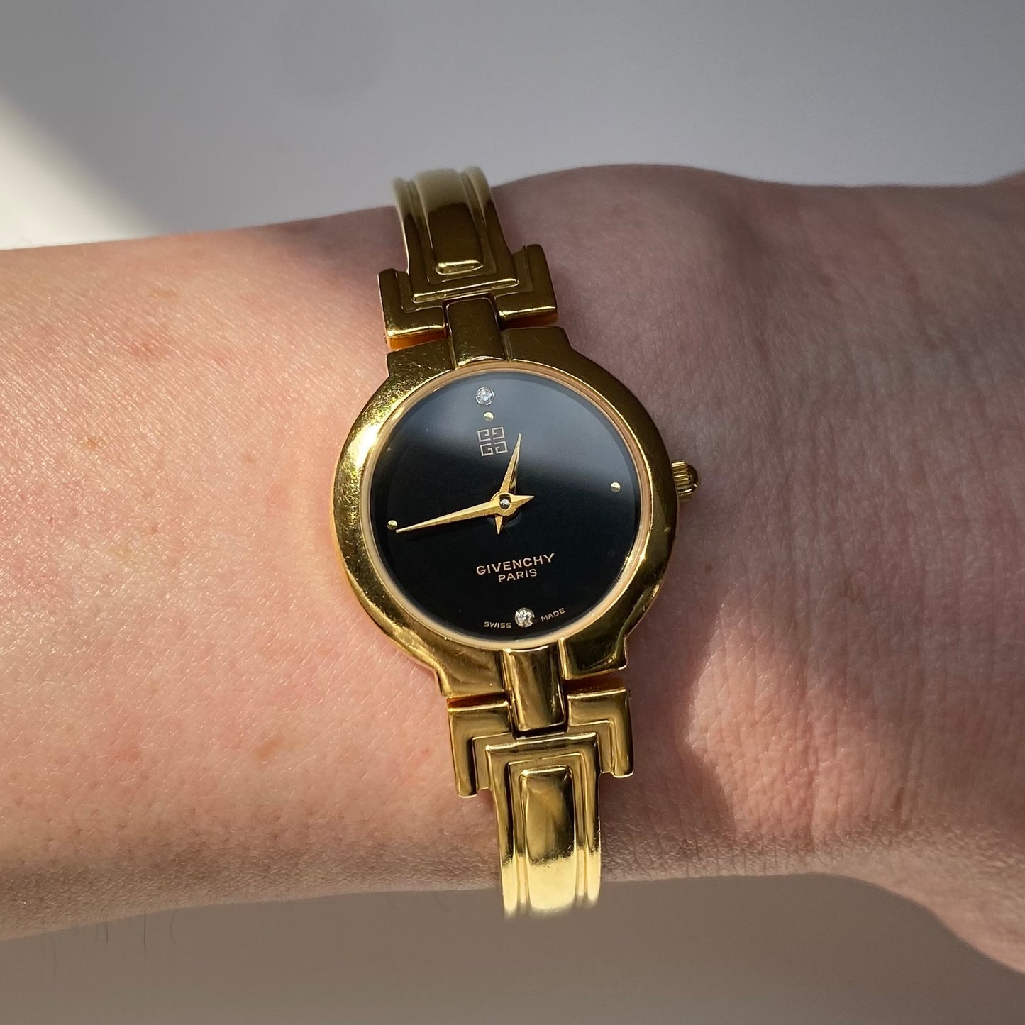 Givenchy 1990s Black Dial Gold Plated Bangle Watch