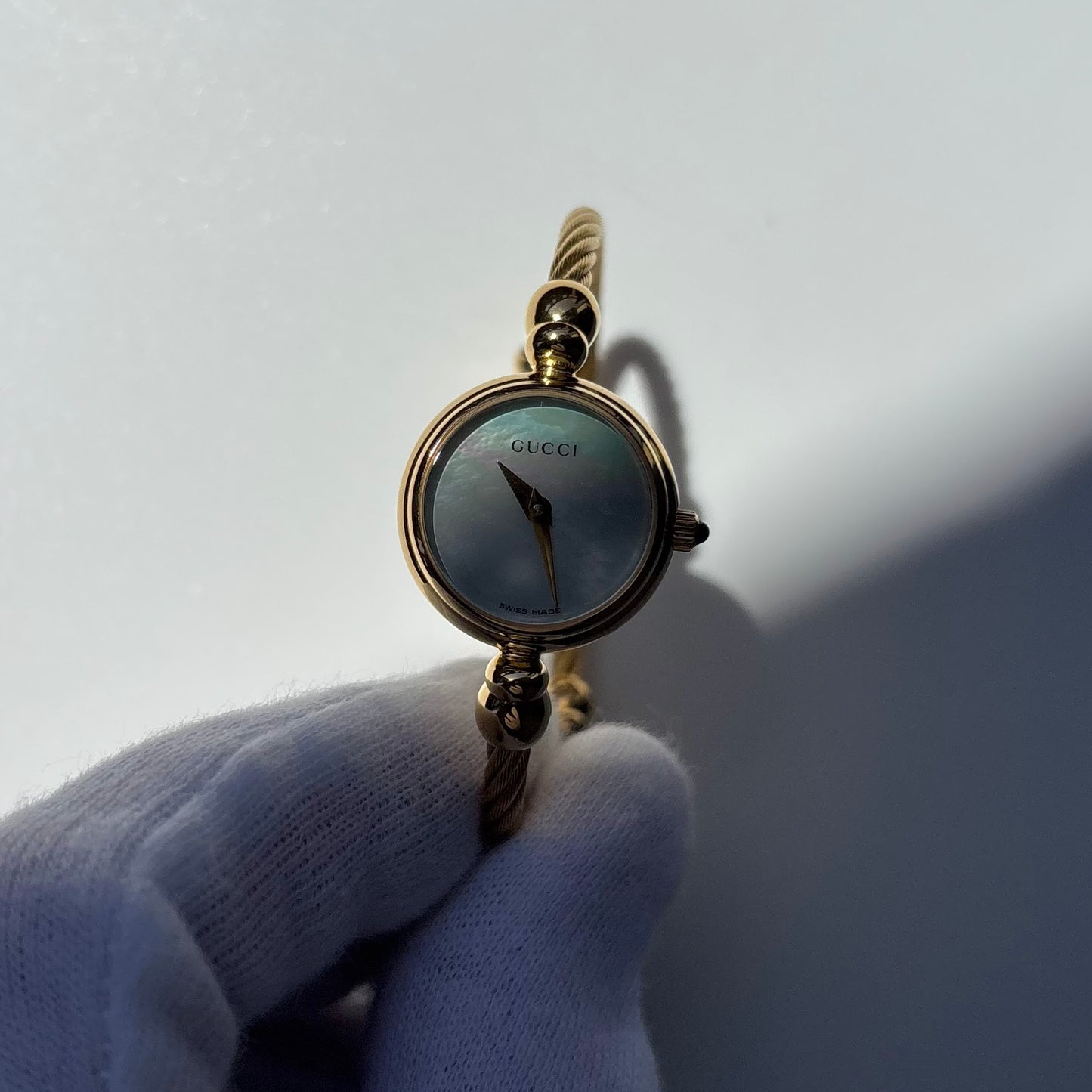 Gucci 1990s Seashell Dial Gold Plated Cable Bangle Watch