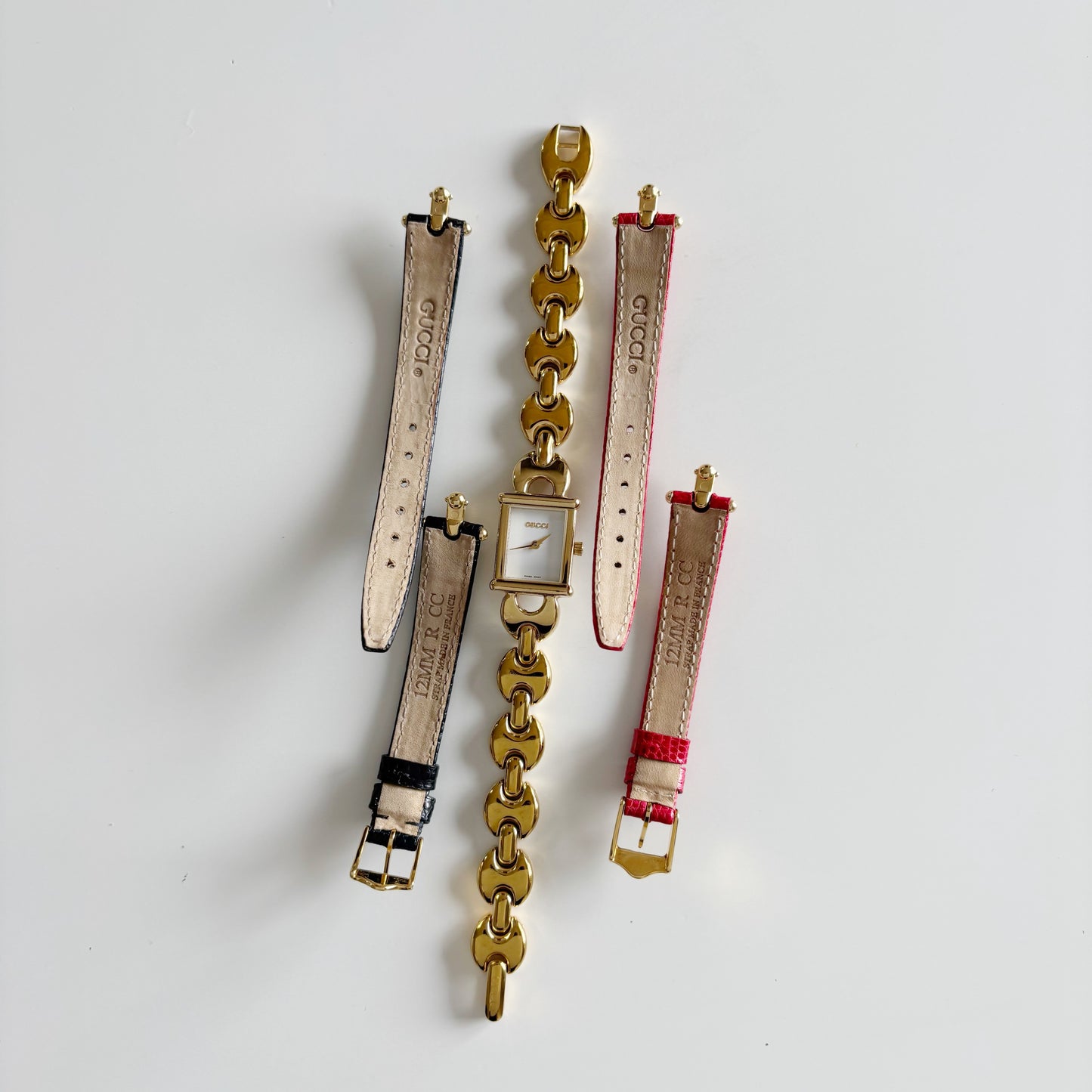 Gucci 1990s Interchangeable Strap Gold Plated Watch with 3 straps, case