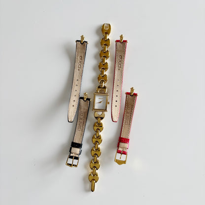 Gucci 1990s Interchangeable Strap Gold Plated Watch with 3 straps, case