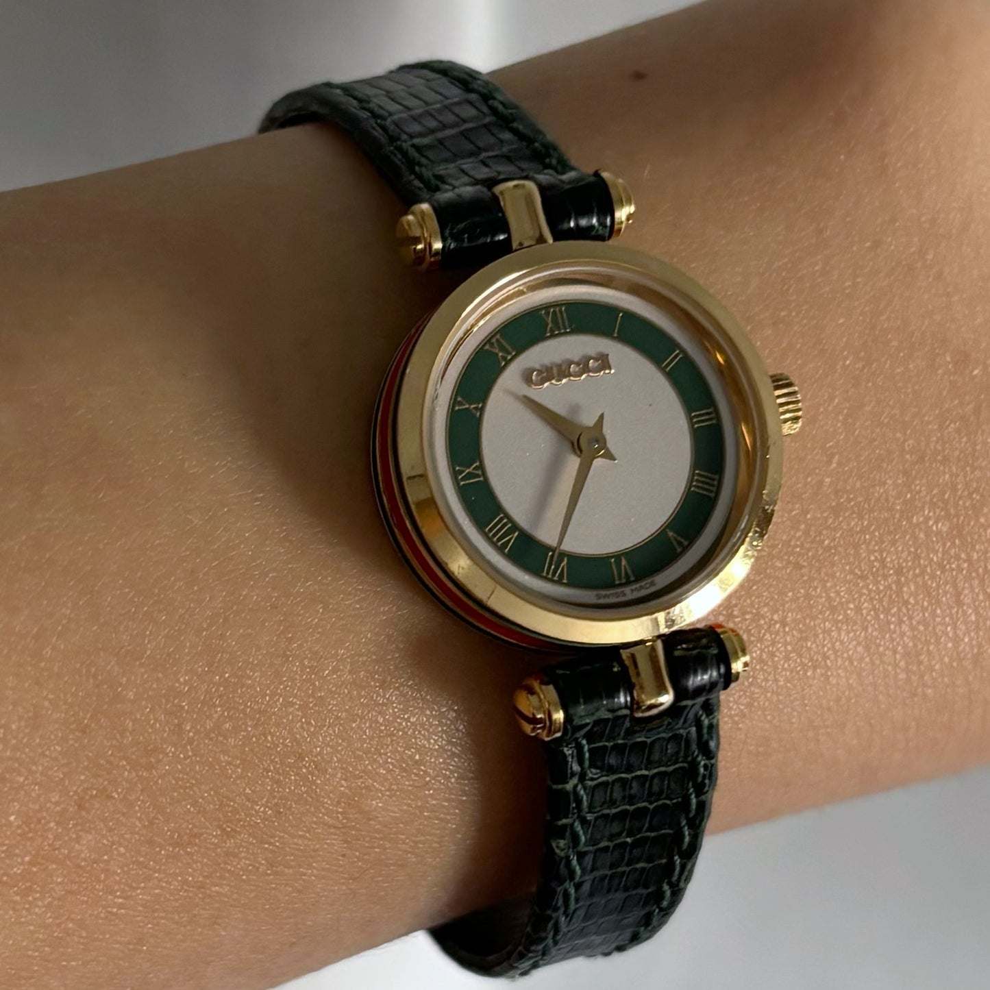 Gucci 1990s Round Green Leather Watch