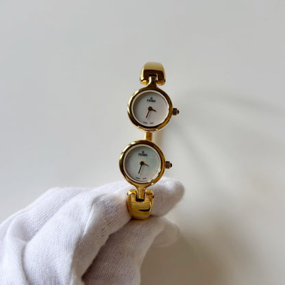 Fendi 1990s Seashell Dial Two Time Zone Gold Plated Bangle Watch