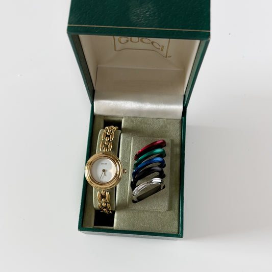 Gucci 1990s Interchangeable Bezel Gold Plated Watch with 6 bezels, case (160mm)