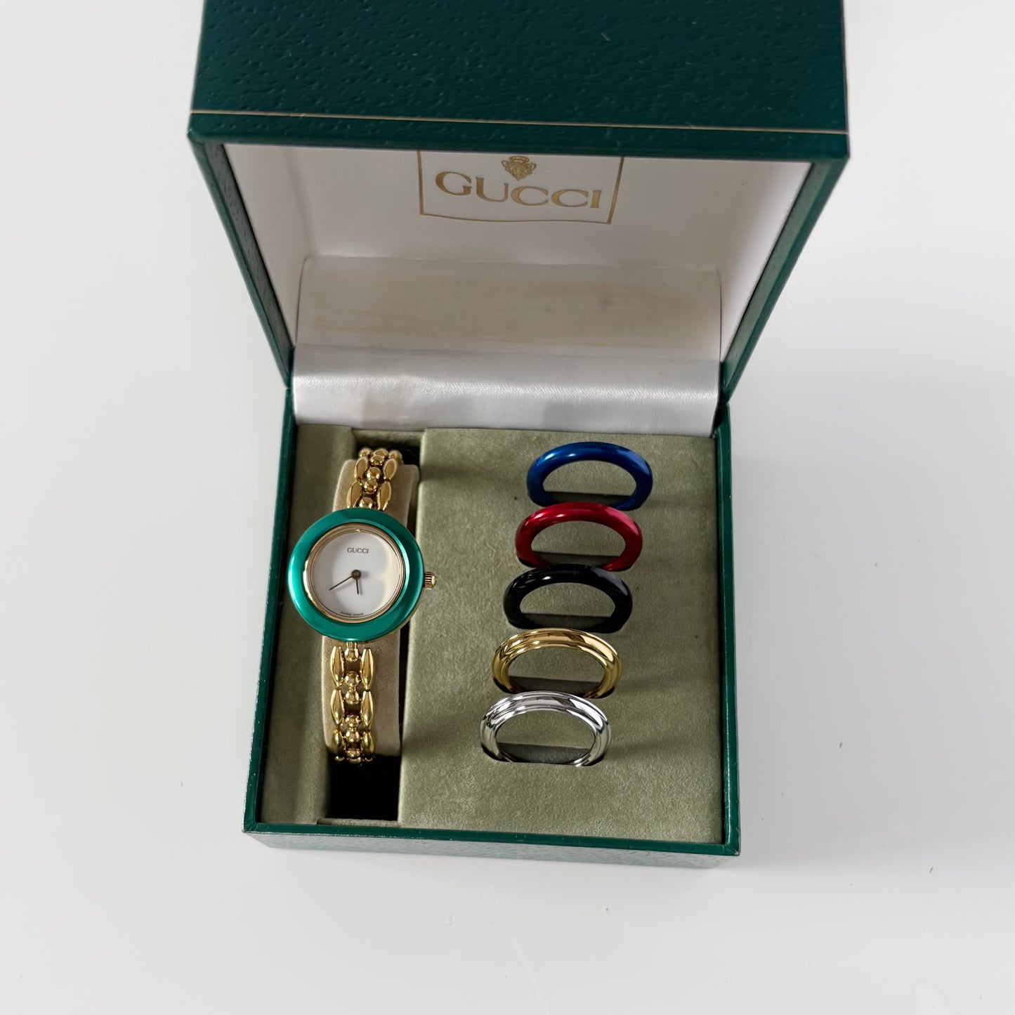 Gucci 1990s Interchangeable Bezel Gold Plated Rice Chain Watch with 6 bezels, case (160mm)
