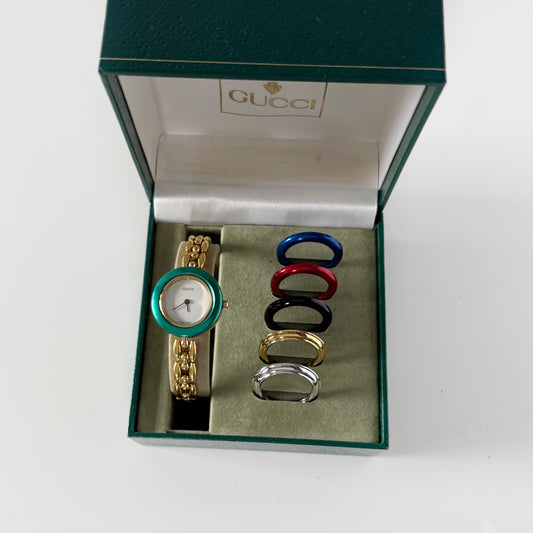 Gucci 1990s Interchangeable Bezel Gold Plated Rice Chain Watch with 6 bezels, case (160mm)