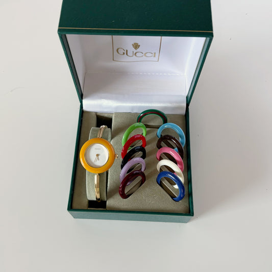 Gucci 1990s Interchangeable Bezel Gold-Plated Watch with 12 Bezels and Case