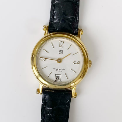 Givenchy 1990s Gold Plated Round Leather Watch