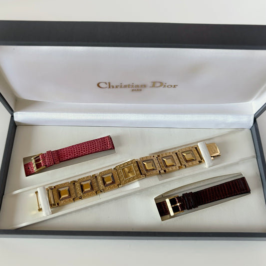 Dior 1990s Square Dial Interchangeable Strap Gold-Plated Watch