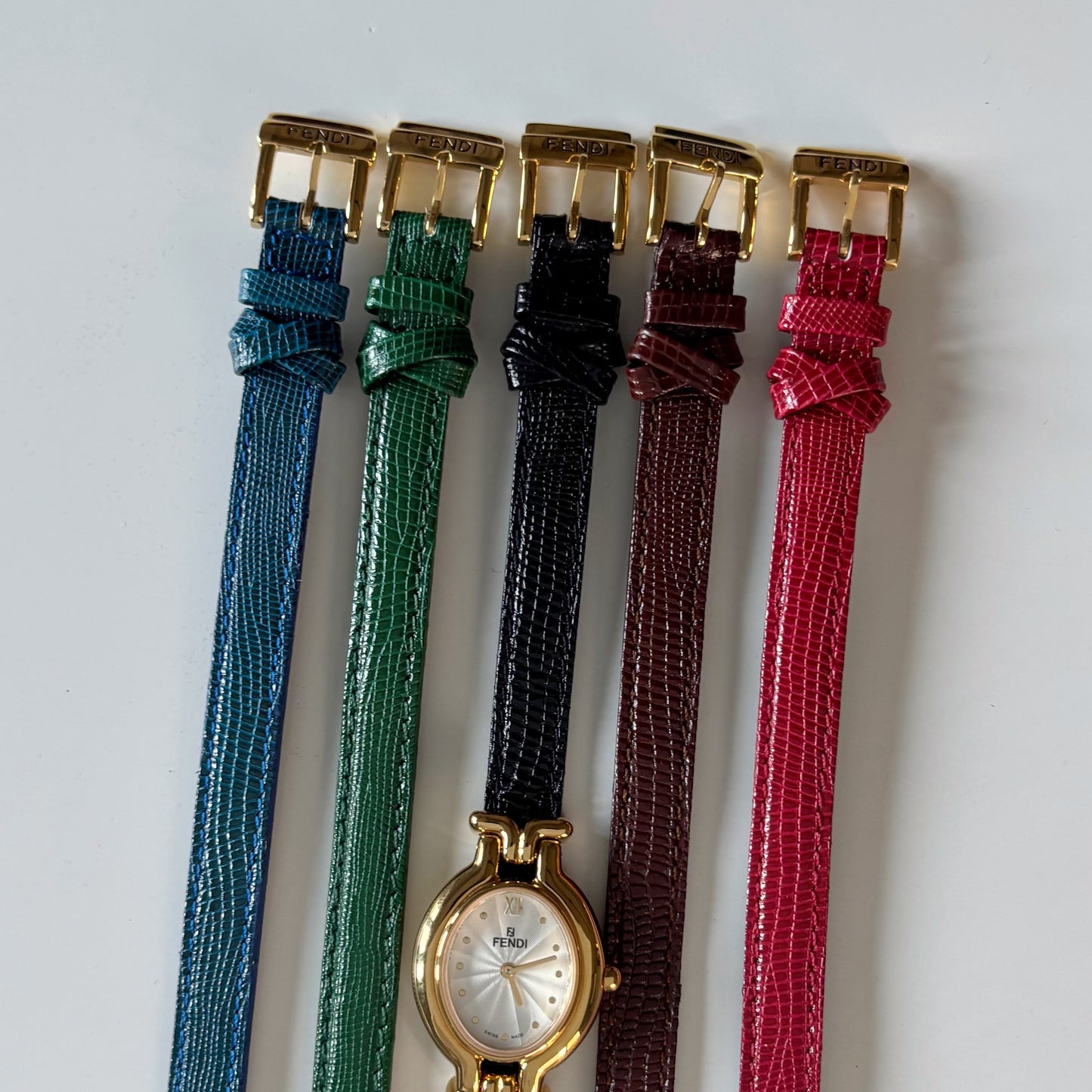 Fendi 1990s Interchangeable Strap Gold Plated Watch with 5 straps, case