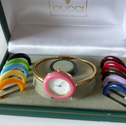 Gucci 1990s Interchangeable Bezel Gold Plated Bangle Watch with 12 bezels, case (Small)