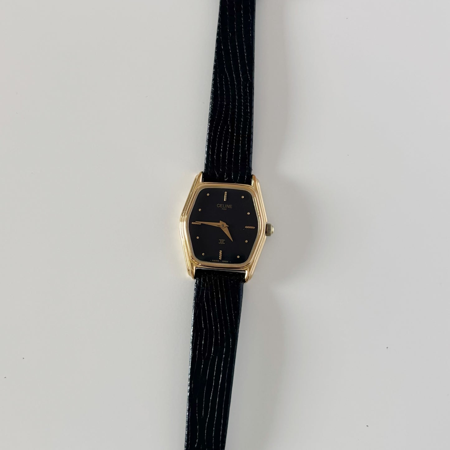 Celine 1980s Black Dial Gold Plated Watch