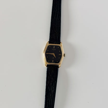 Celine 1980s Black Dial Gold Plated Watch