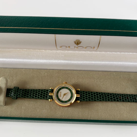 Gucci 1990s Round Dial Green Gold Plated Watch