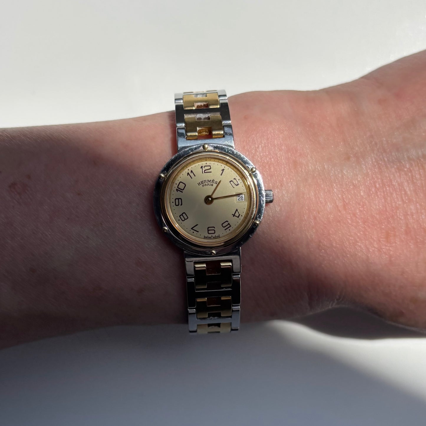 Hermes 1990s Cream Round Dial Gold Plated Two Tone Watch