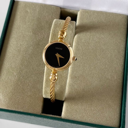 Gucci 1990s Black Dial Gold Plated Cable Bangle Watch
