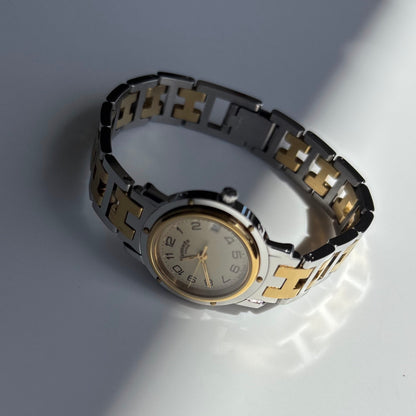 Hermes 1990s Clipper Date Round Dial Gold Plated Two Tone Watch