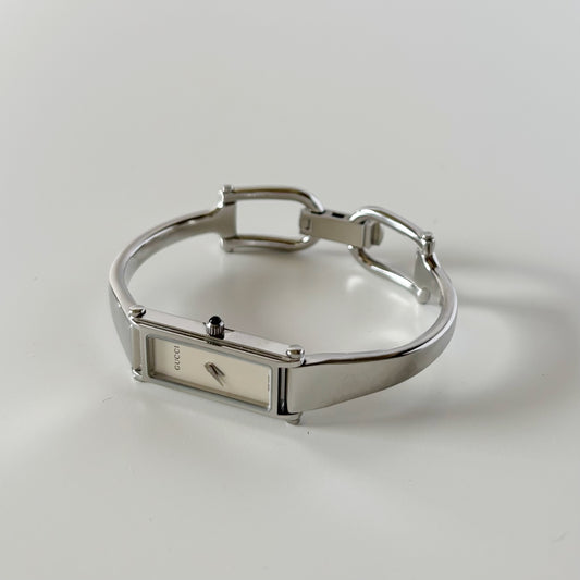 Gucci 1990s Rectangular Dial Stainless steel Bangle Watch