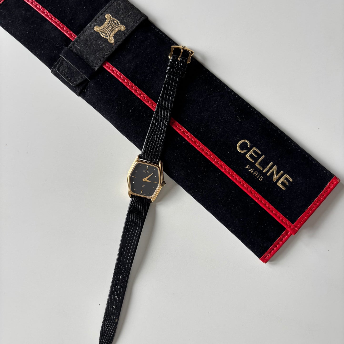 Celine 1980s Black Dial Gold Plated Watch