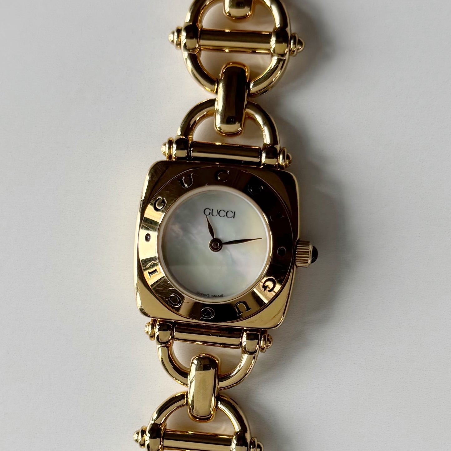 Gucci 1990s Seashell Dial Horsebit Gold Plated Watch