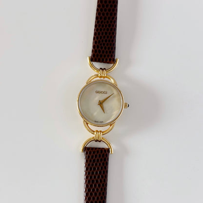 Gucci 1990s Seashell Dial Gold Plated Horsebit Watch