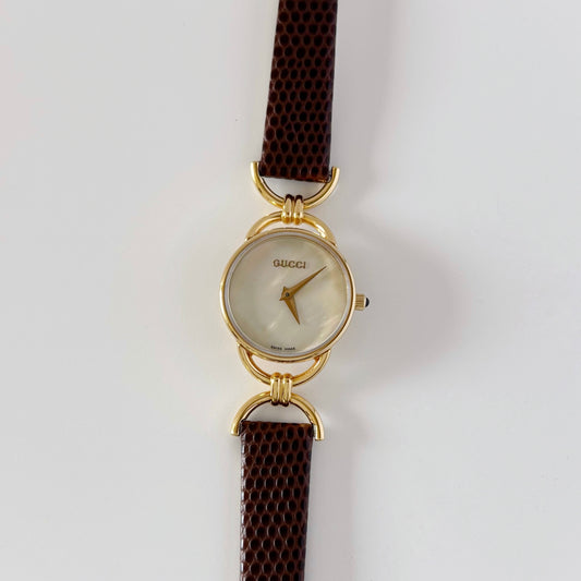 Gucci 1990s Seashell Dial Gold Plated Horsebit Watch