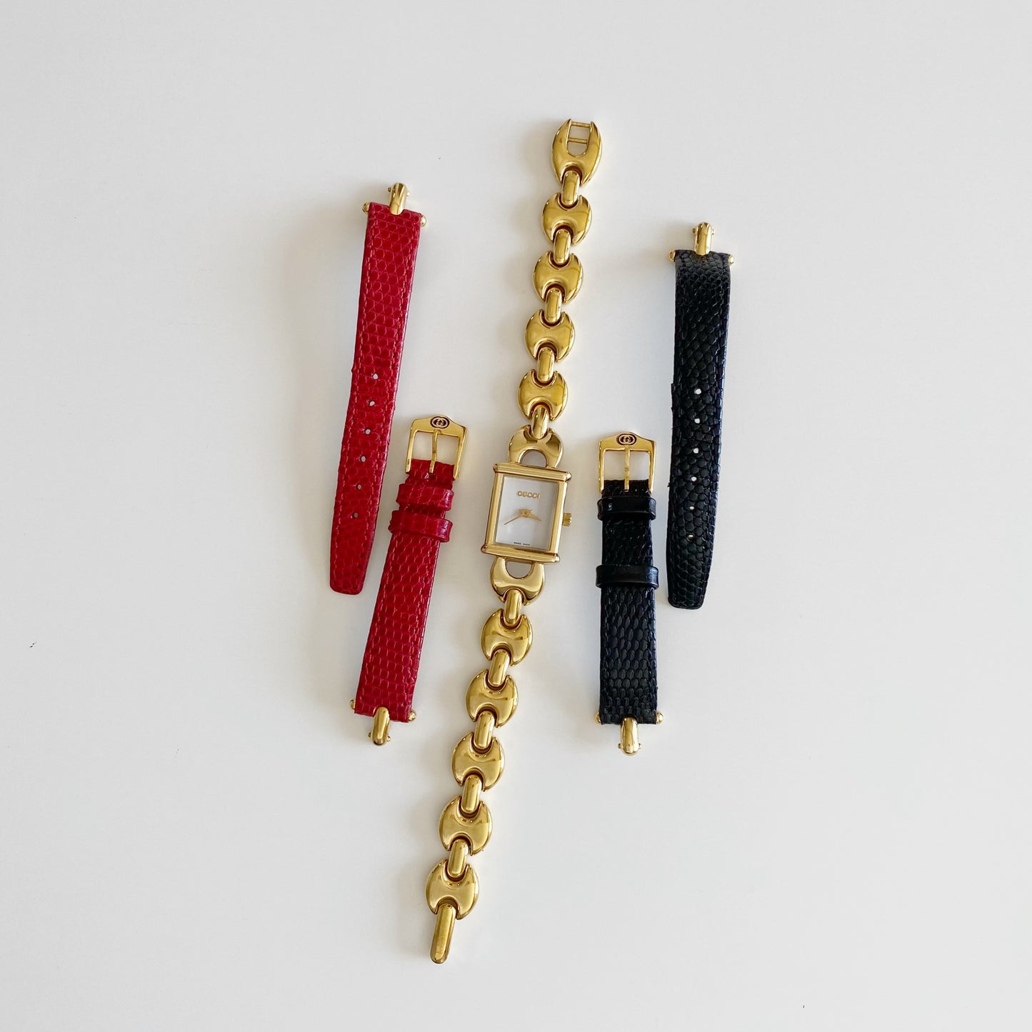 Gucci 1990s Interchangeable Belt Gold Plated Watch with 3 belts, case