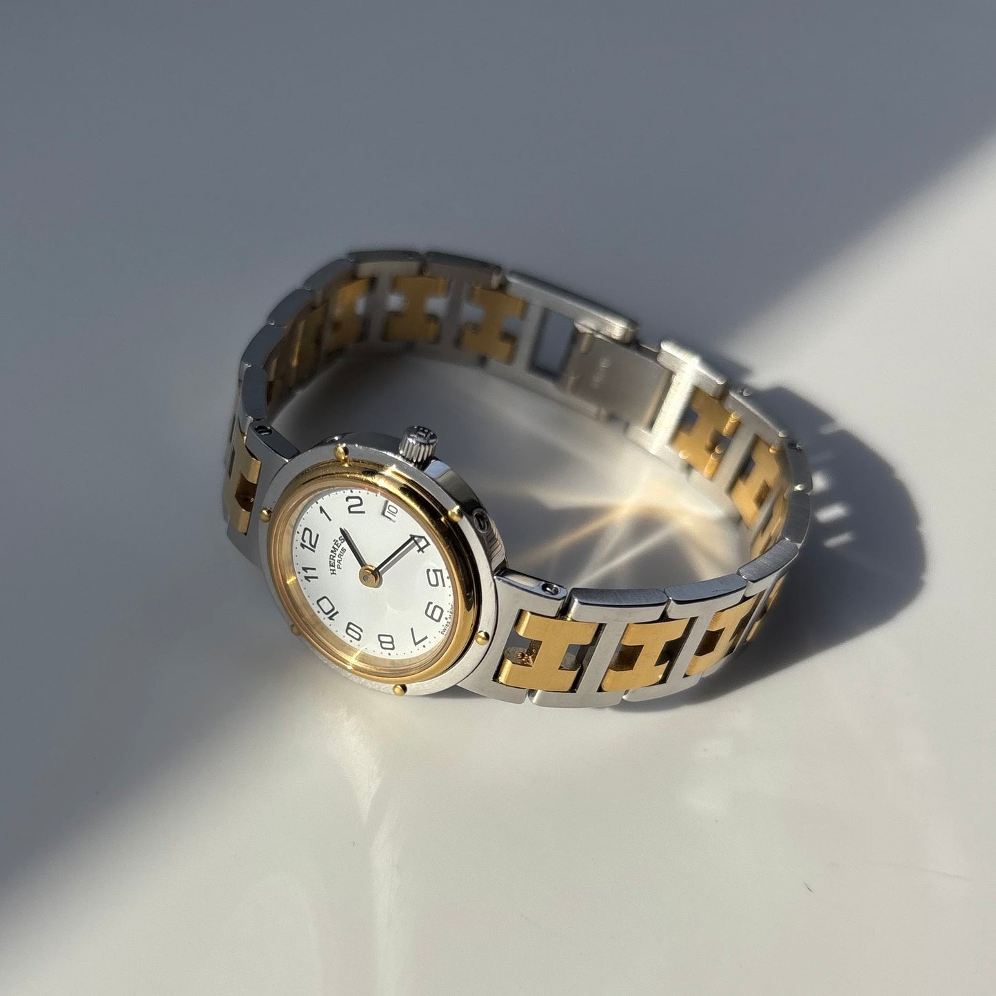 Hermes 1990s Clipper Date Round Dial Two Tone Watch