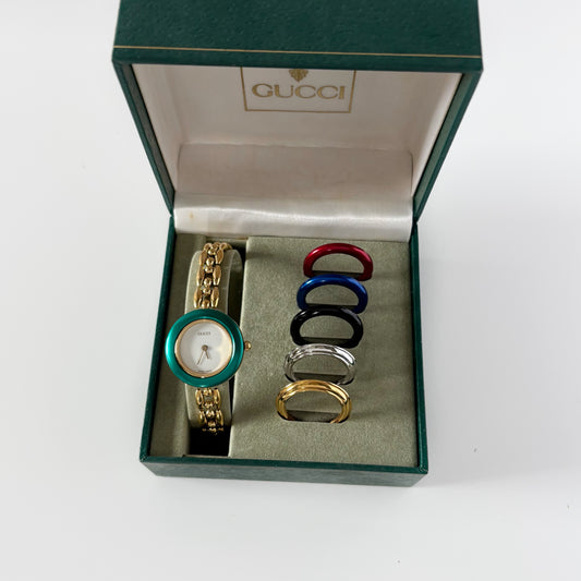 Gucci 1990s Interchangeable Bezel Gold Plated Watch with 6 bezels, case (165mm)
