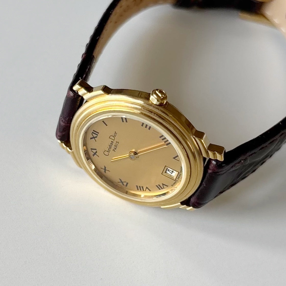 Dior 1990s Date Gold Round Dial Gold Plated Watch