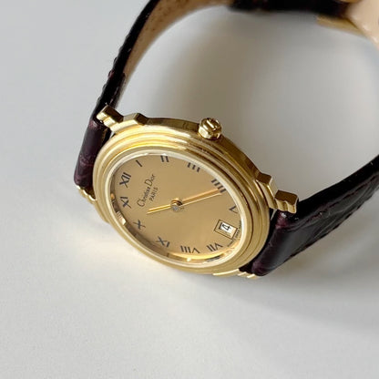 Dior 1990s Date Gold Round Dial Gold Plated Watch