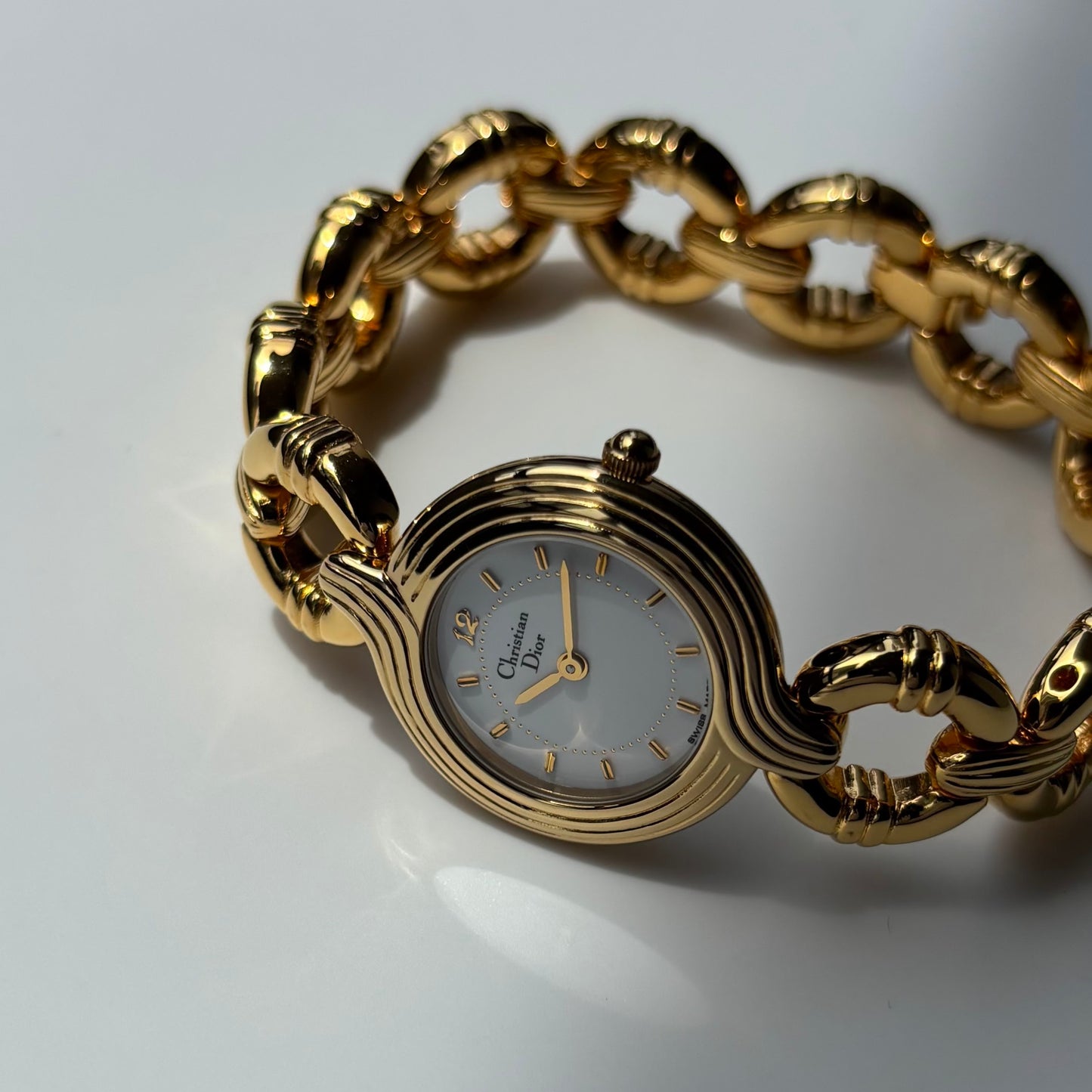 Dior 1990s Round Dial Interchangeable strap Gold Plated Watch with 3 straps, case