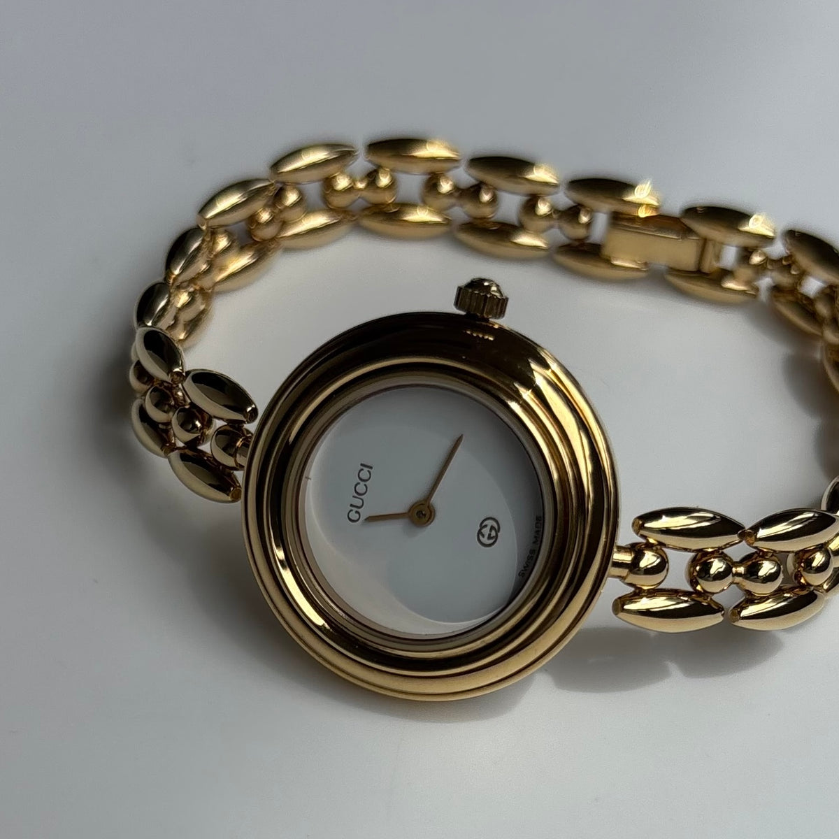 Gucci 1990s Interchangeable Bezel Gold Plated Rice Chain Watch with 6 bezels, case (165mm)