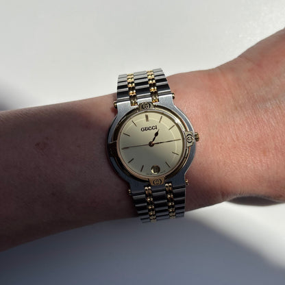 Gucci 1990s Date Round Cream Dial Two Tone Watch (Large)
