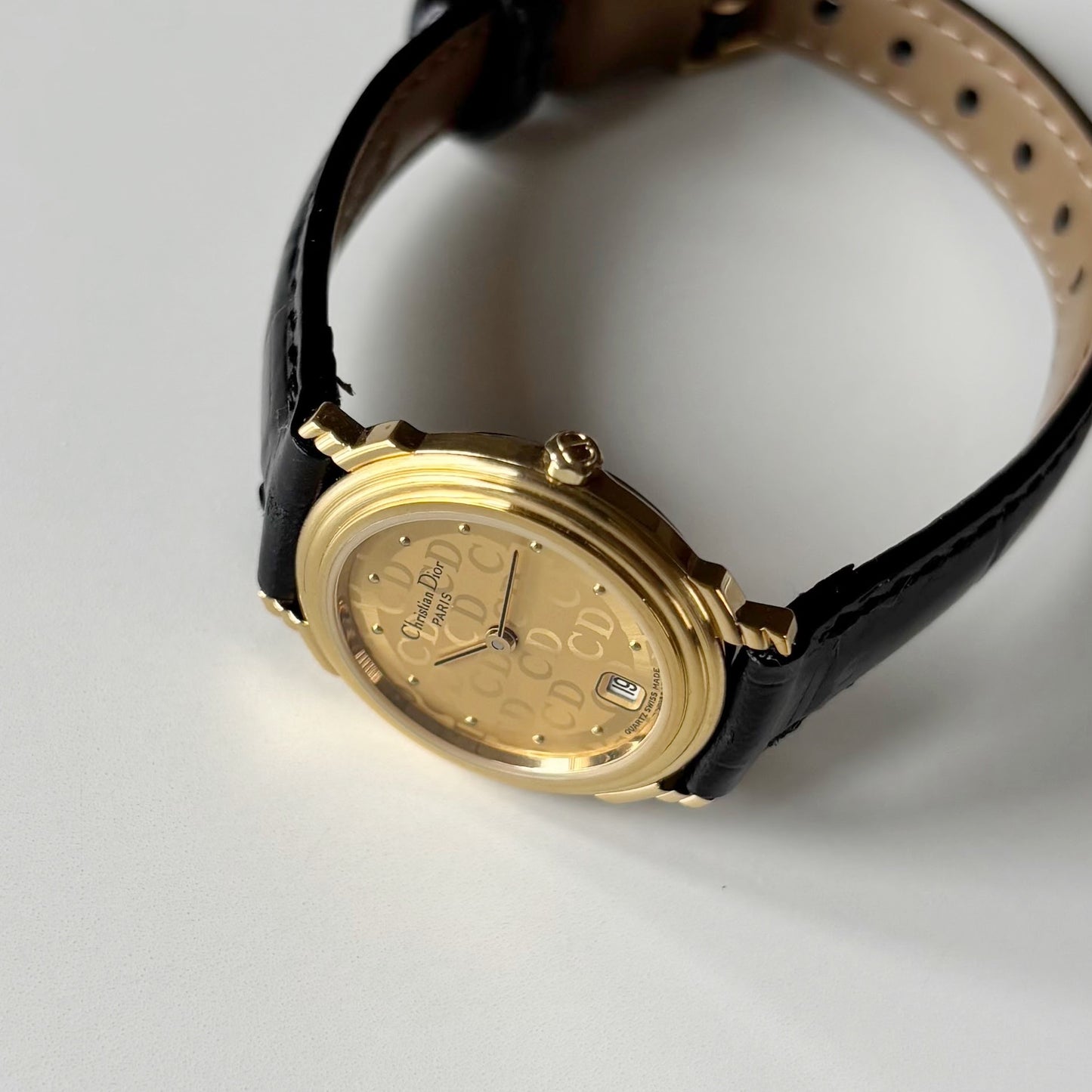 Dior 1990s Date CD Logo Round Dial Gold Plated Watch