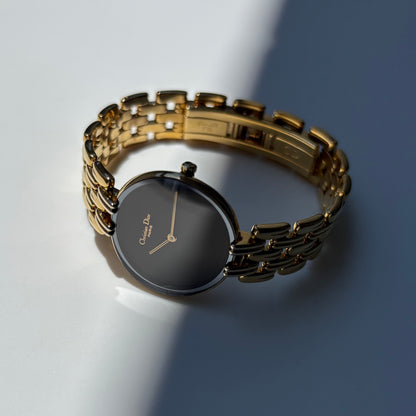 Dior 1990s Bagheera Round Black Dial Gold Plated Watch