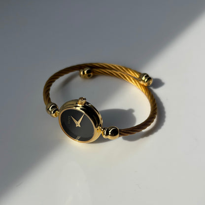 Gucci 1990s Black Dial Gold Plated Cable Band Bangle Watch